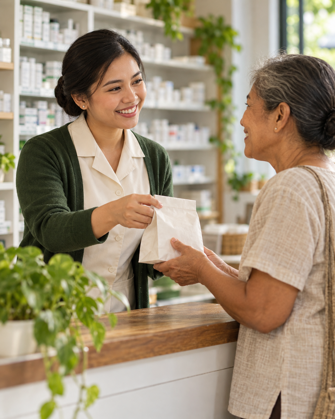 Illustrative scene of a Filipino pharmacist handing a medicine bag to an older woman